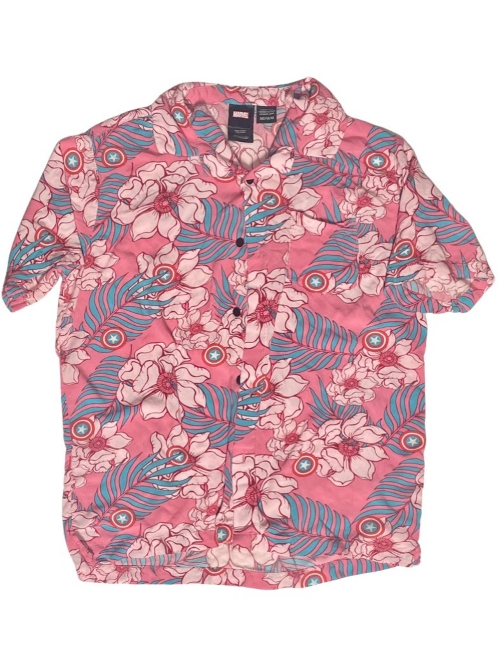 Marvel Pink Floral Button-Down Shirt with Blue Leaf Accents men's medium
